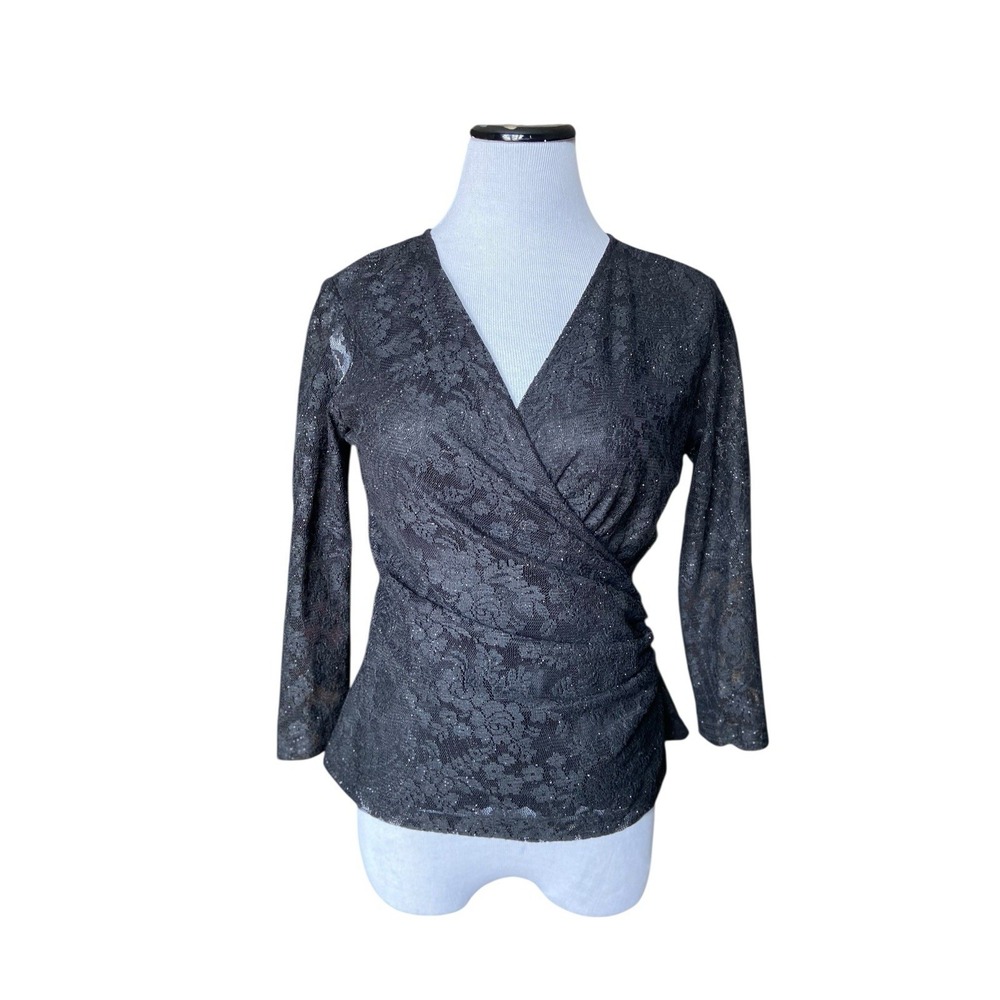 Womens Black Lace Wrap Top Size 8 Ruched Sparkle Evening Dark Academia Party Y2K